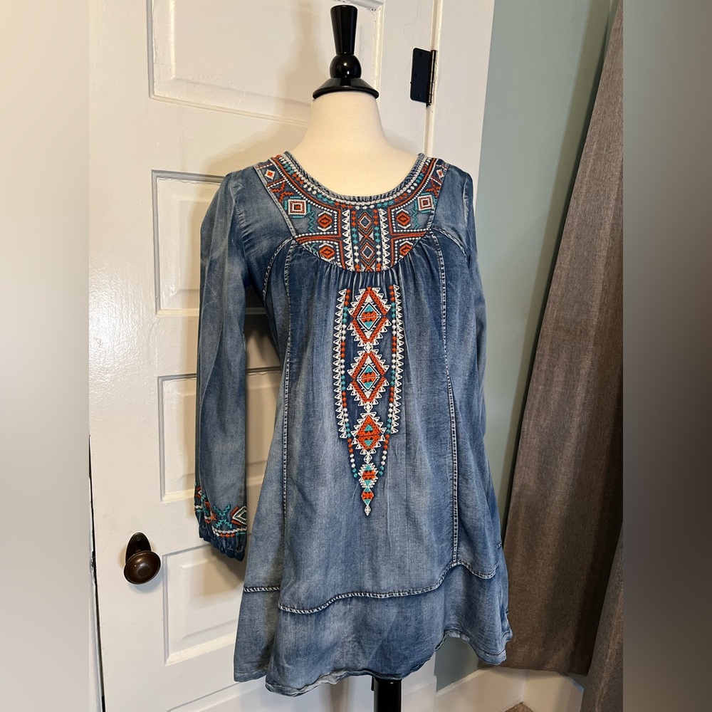 Mollorello Jean Dress, coral, teal & white stitching, small